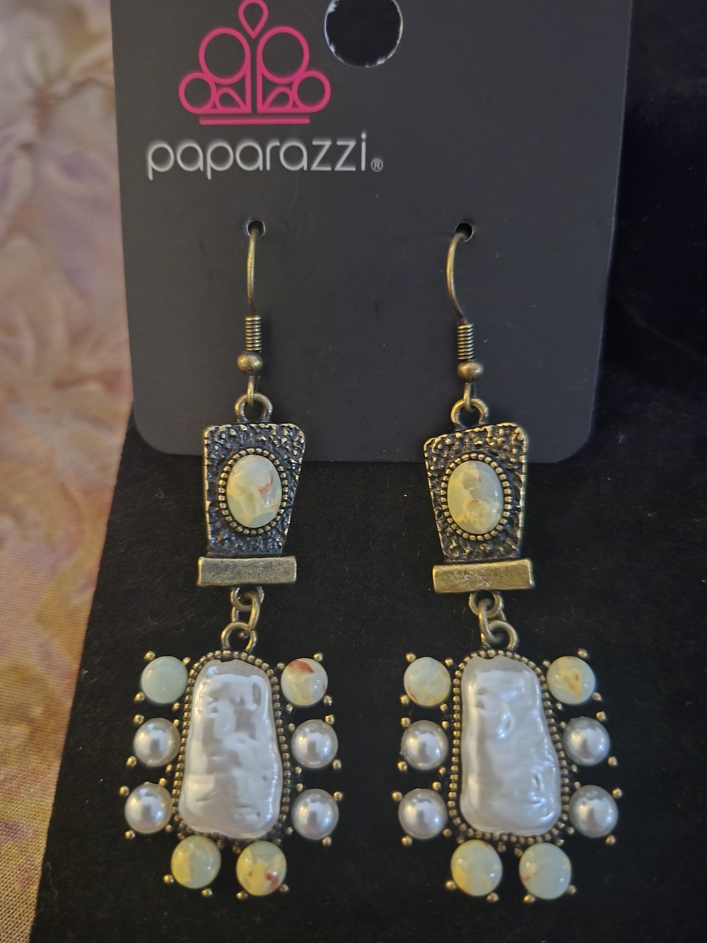paparazzi Gold-Tone Opalescent & Pearl Dangle Earrings - Cream/Gold